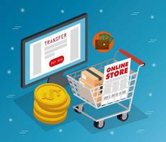 tienda online con computadora e iconos vector