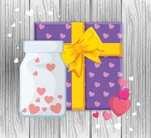 gift box with container with hearts in wooden background vector