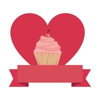 delicious cupcake with heart and ribbon vector