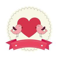 cute birds with heart and ribbon vector