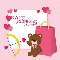happy valentines day card with bag shopping and cute bear vector