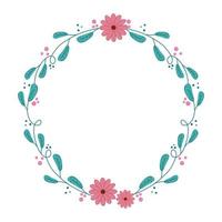 frame circular of branches and leafs with flowers vector