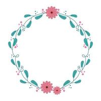 frame circular of branches and leafs with flowers vector