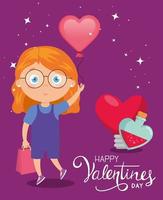 happy valentines day card with cute girl and decoration vector
