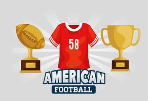 Póster de fútbol americano con camiseta y trofeos. vector