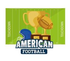 cartel de fútbol americano con trofeos y casco. vector