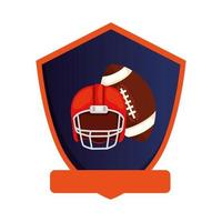 Pelota y casco de fútbol americano en escudo icono aislado vector