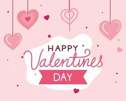 Tarjeta de feliz día de San Valentín con corazones colgantes y decoración. vector