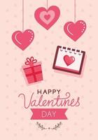 Tarjeta de feliz día de San Valentín con corazones colgantes y decoración. vector