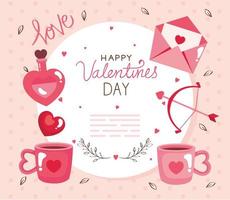 feliz dia de san valentin tarjeta con decoracion de iconos vector