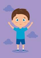 cute little boy with hands up and clouds vector