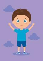 cute little boy with hands up and clouds vector