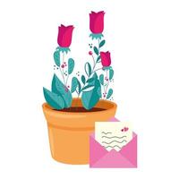 roses flowers in pot plant with envelope vector