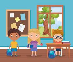 children students with school supplies in the classroom, back to school vector
