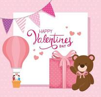 happy valentines day with teddy bear and decoration vector