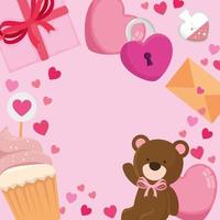 frame with teddy bear and icons for valentines day vector