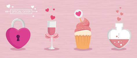 cup champagne with set icons for san valentines day vector