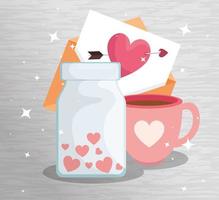 botella con corazones e iconos para el día de san valentín vector