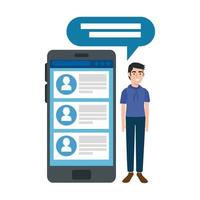 young man and smartphone with chat isolated icon vector