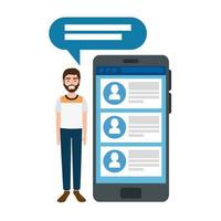 young man and smartphone with chat isolated icon vector