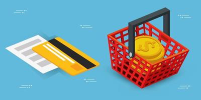basket shopping with credit card and pile coins vector