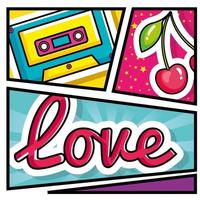 música de cassette con cerezas y letras de amor estilo pop art vector