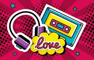 música en cassette con auriculares y letras de amor estilo pop art vector