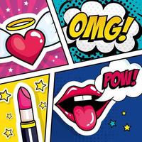 lipstick with expressions and heart pop art style vector