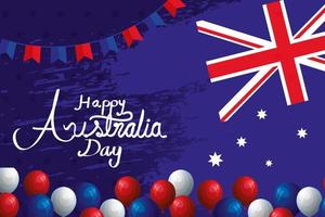 feliz día de australia con bandera y globos de helio vector