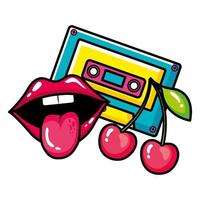 cassette music with cherries and sexy mouth pop art style icon vector