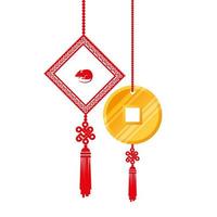 golden coin feng shui with decoration hanging isolated icon vector