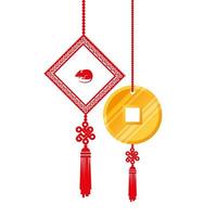 Moneda de oro feng shui con decoración icono aislado colgante vector