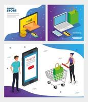 Establecer cartel tienda online con iconos vector