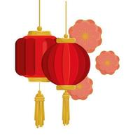 Linternas chinas colgando con flores icono aislado vector