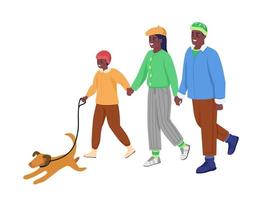 paseo familiar con personajes vectoriales de color semi plano para mascotas. figuras dinámicas. personas de cuerpo entero en blanco. Ilustración de estilo de dibujos animados moderno aislado de invierno para diseño gráfico y animación vector