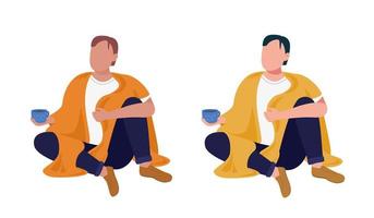 Man wrapped in blanket semi flat color vector character set. Sitting figures. Full body people on white. Cozy isolated modern cartoon style illustration for graphic design and animation collection