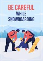 Plantilla de vector plano de cartel de rescate de avalancha. ayuda de emergencia en invierno. folleto, folleto de diseño de concepto de una página con personajes de dibujos animados. tenga cuidado al hacer snowboard flyer, folleto con espacio de copia