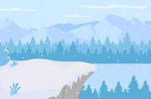 día en la ilustración de vector de color plano lago congelado. copos de nieve cayendo sobre colinas en el bosque. invierno nevado paisaje de dibujos animados en 2d con bosques invernales cerca de los picos de las montañas en el fondo