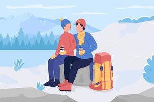 Ilustración de vector de color plano de descanso de camping de invierno. montañas invernales y colinas en la nieve. manténgase abrigado en climas fríos. pareja sentada y bebiendo té personajes de dibujos animados en 2d con lago congelado en el fondo