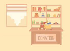 Children donations center flat color vector illustration. Social welfare to support childcare. Charity organization 2D cartoon interior with shelves with contribution to poor on background