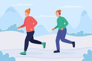 Training during wintertime flat color vector illustration. Man and woman running together in cold climate. Couple exercising together 2D cartoon characters with wintry landscape on background