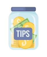 Tip jar semi flat color vector object. Coins and dollars in container. Realistic item on white. Money donations in glass isolated modern cartoon style illustration for graphic design and animation