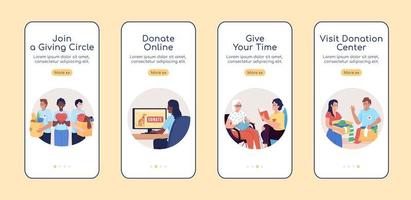 Ways to make donations onboarding mobile app screen flat vector template. Walkthrough website 4 steps with characters. Creative UX, UI, GUI smartphone cartoon interface, case prints set