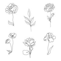 Set of abstract flowers drawn by one line isolated on white background. Rose, branch, poppy, iris, peon, lotus. Minimalism. For wall art, home decor, pattern, print. Simple vector illustration.