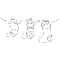 lindos calcetines navideños dibujados con una línea. boceto de vacaciones. Decoración navideña. arte de dibujo de línea continua. estilo minimalista. ilustración vectorial. vector