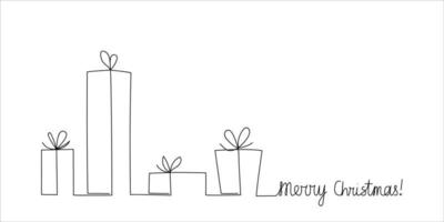 Different forms gift boxes and Merry Christmas text drawn by one line. Isolated. Greeting banner or card. Continuous line drawing art. Vector illustration.