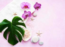 Natural spa ingredients with orchid flowers photo