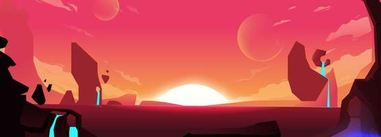 fondo con planeta rojo y montañas con agua. amanecer en el espacio, el sol en el horizonte. ilustración vectorial de dibujos animados vector