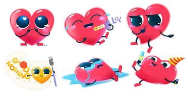 Red happy heart character set. Cute face with big eyes and hands and legs. Vector cartoon illustration for kids.