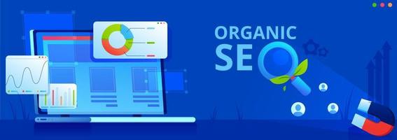 banner de vector de concepto de seo orgánico. pantalla de computadoras con gráficos y estadísticas del sitio web. lupa con hojas verdes.